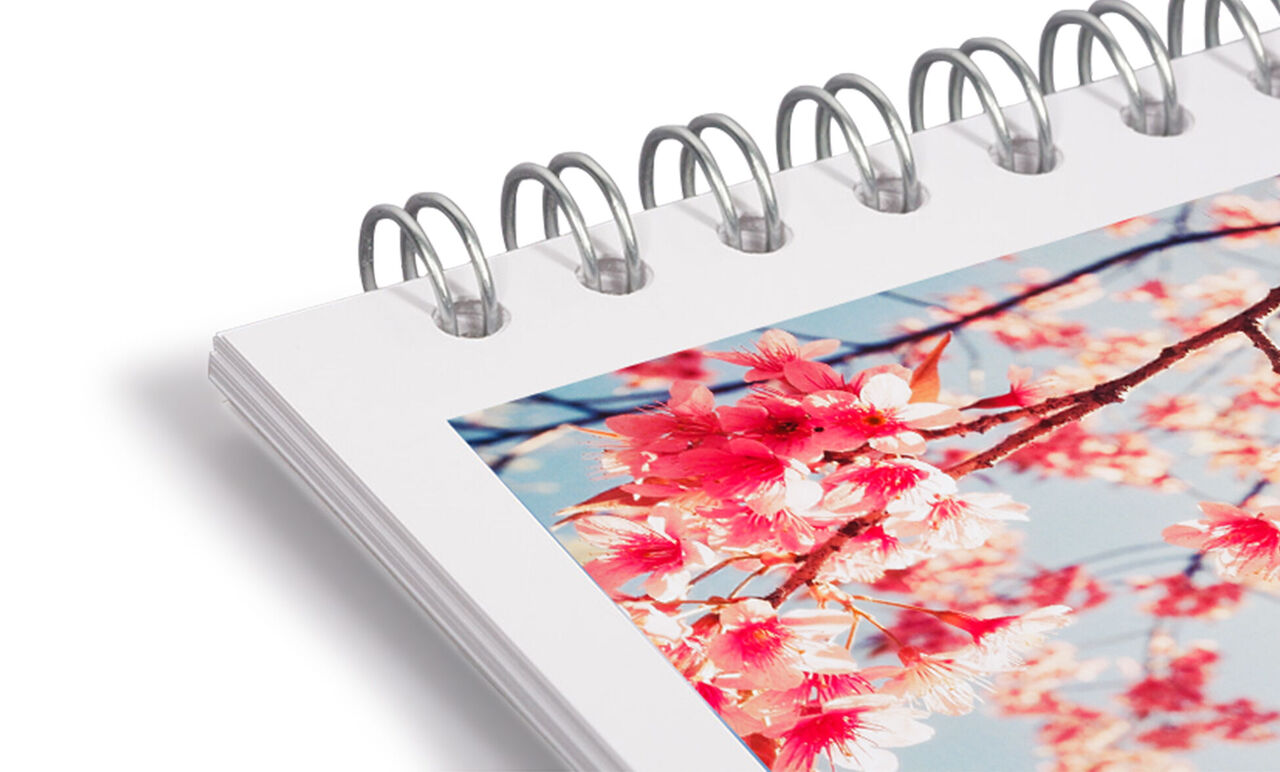 En öppen fotobok med ett foto på blommande körsbärsblommor.