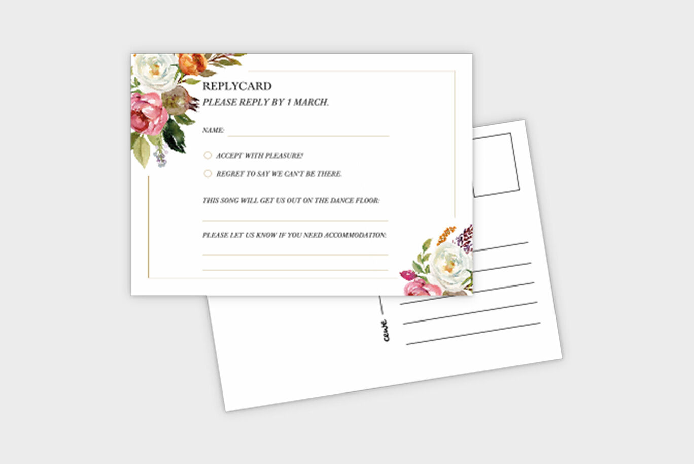Inbjudningskort med blommönster och svarsfält för evenemang