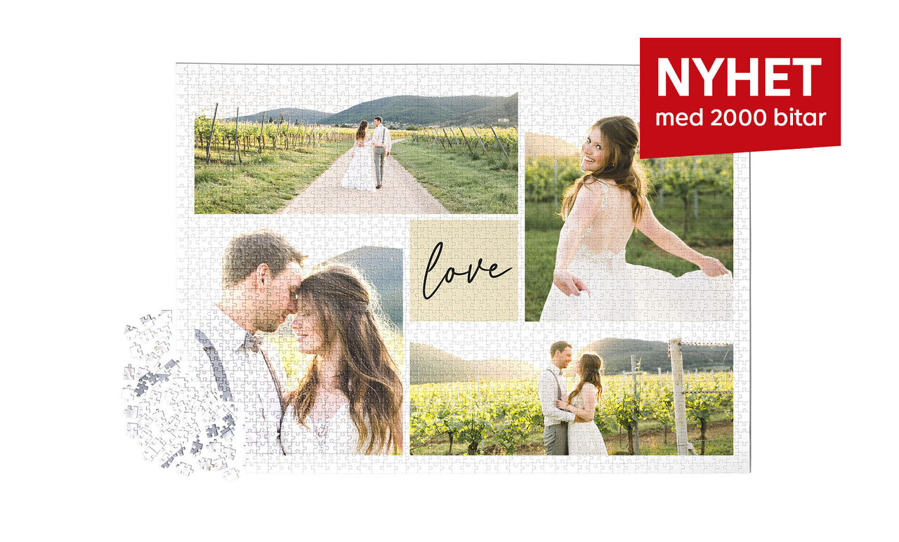 En romantisk fotobok-kollage med lyckliga bilder av par och ordet 'love'