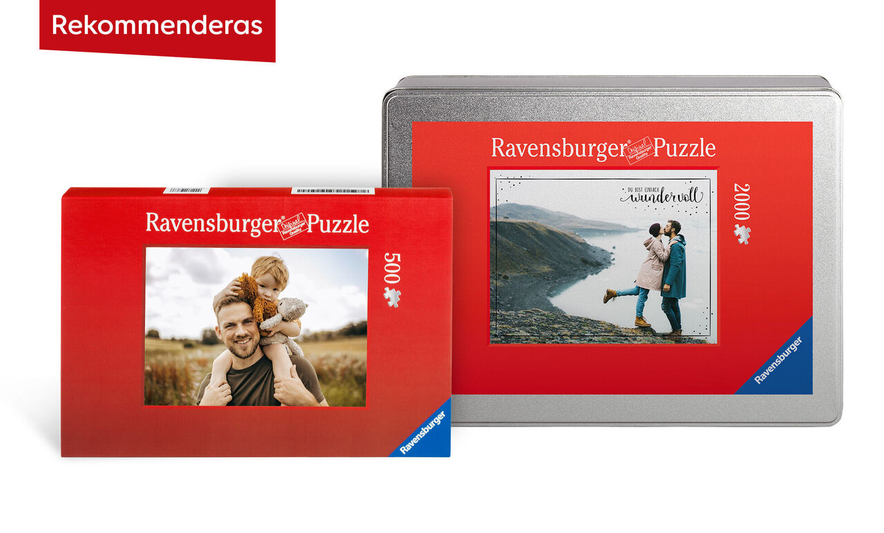 Två Ravensburger pusselboxar med färgglada motiv på en vit yta.