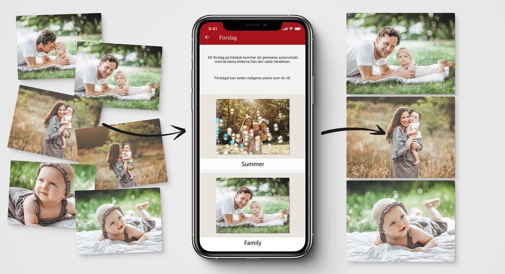 Familjefoton visas på en smartphone för att skapa en kreativ collage. Bilderna visar glada ögonblick utomhus.