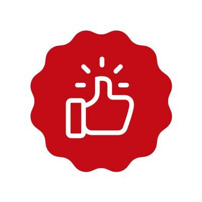 Symbol för positiv bedömning med tumme upp på röd bakgrund.
