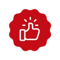 Symbol för positiv bedömning med tumme upp på röd bakgrund.
