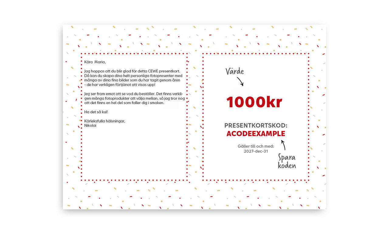 Ett CEWE kortdesign med färgglada prickar på vit bakgrund och en kupong på 1000 kr.