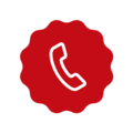 Röd telefonhörlurska på vit bakgrund i ett runt märke