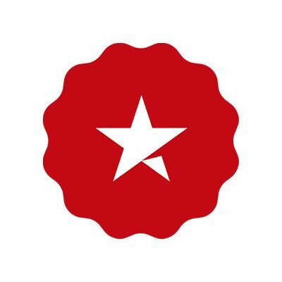 En röd, rundad logotyp med en vit stjärna i mitten.