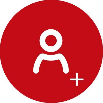 Rund röd knapp med en vit användarikon och ett plustecken, symbol för att lägga till.