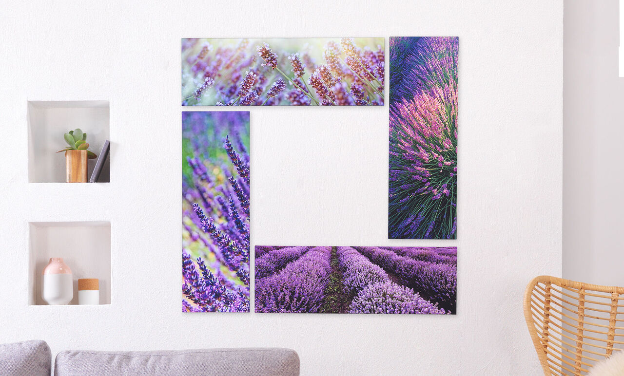 Underbar väggdekoration med lavendelmotiv i olika former.