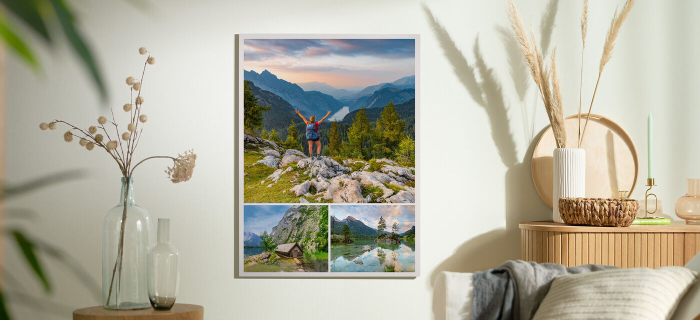En person står lycklig på ett berg med utsträckta armar, omgiven av natur. Nedanför finns tre landskapsbilder.