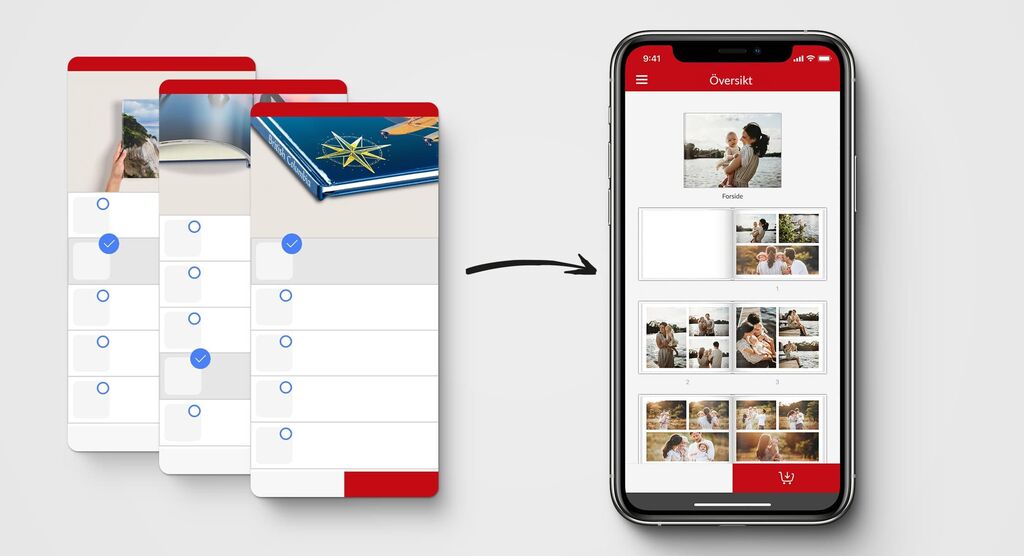Visar CEWE-appen med alternativ för fotoböcker och förhandsvisning.