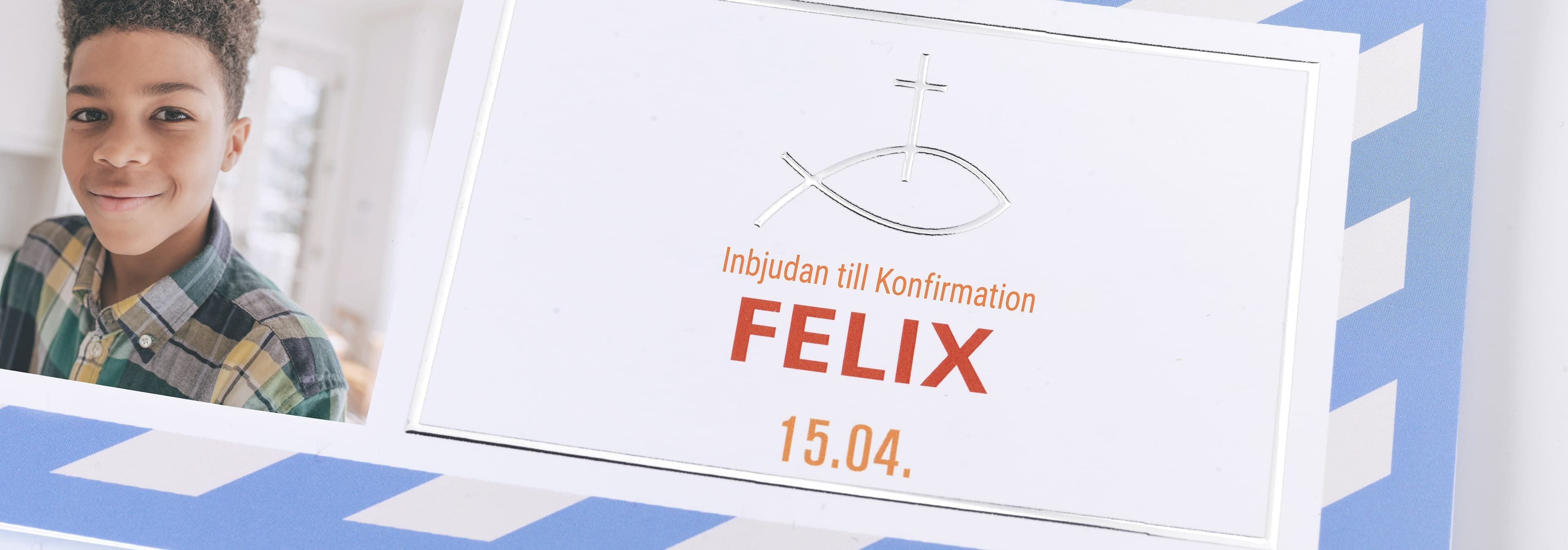Ett inbjudningsbrev till konfirmation för Felix med datum 15.04.