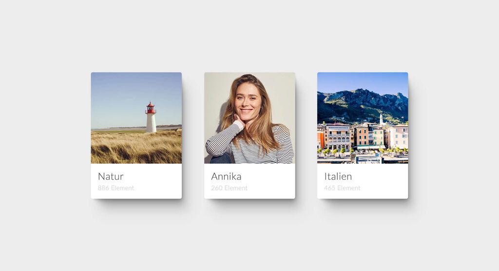 Tre bildkort visar olika teman: natur med en fyr, ett porträtt och en stadsbild från Italien.