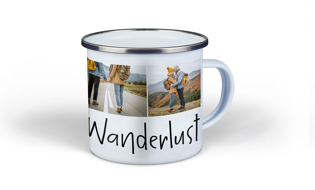 En personlig mugg med texten "Wanderlust" och bilder av vandrare i naturen.