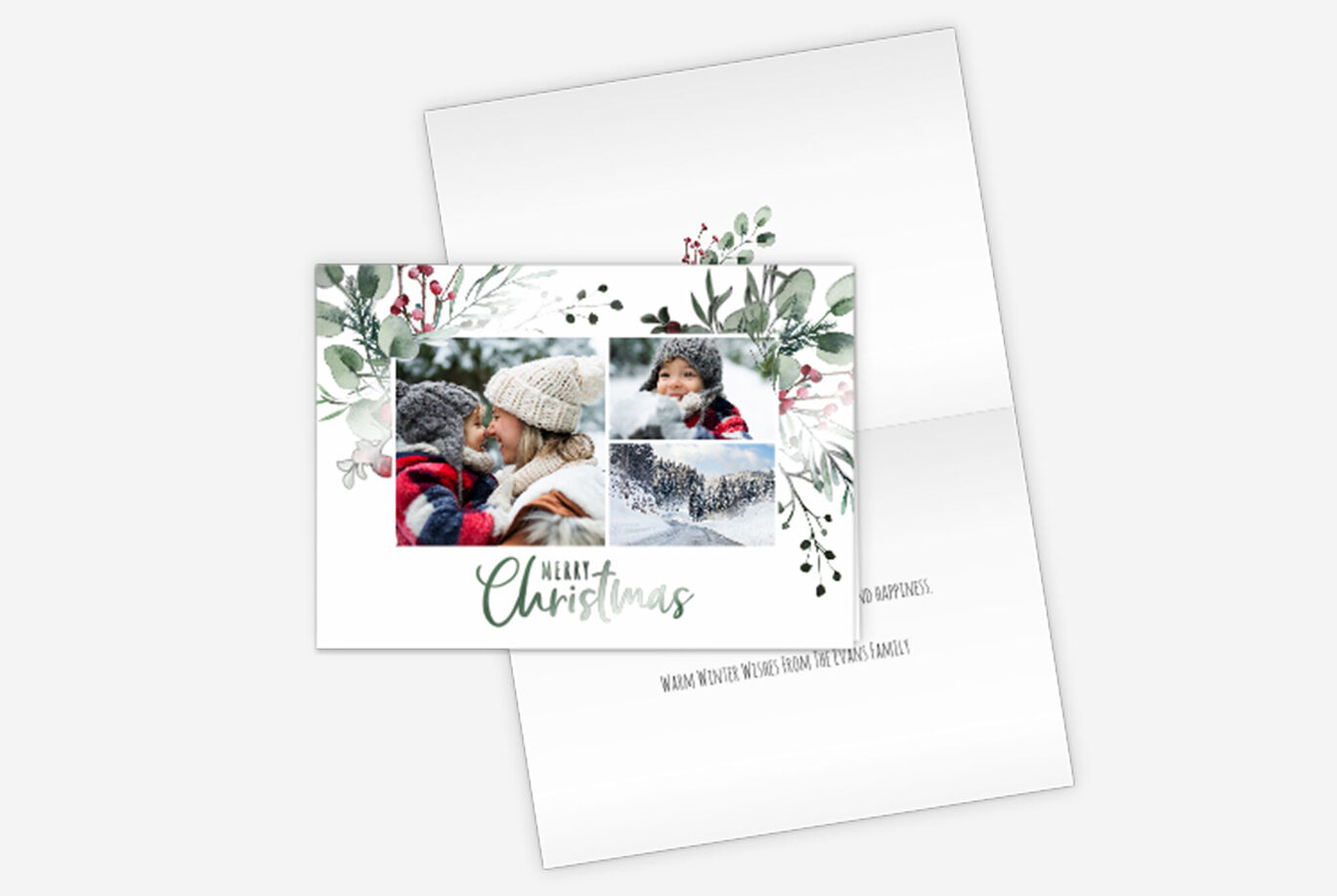 Ett festligt hälsningskort med julmotiv och bilder av ett par i vintrig miljö.